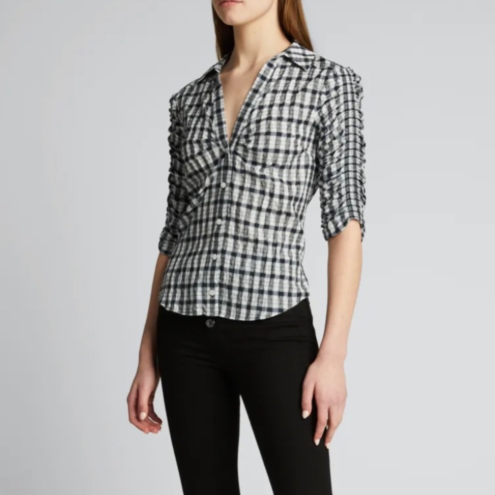 Veronica Beard Porta Check Ruffle-Sleeve Shirt Black and White Top Size Small